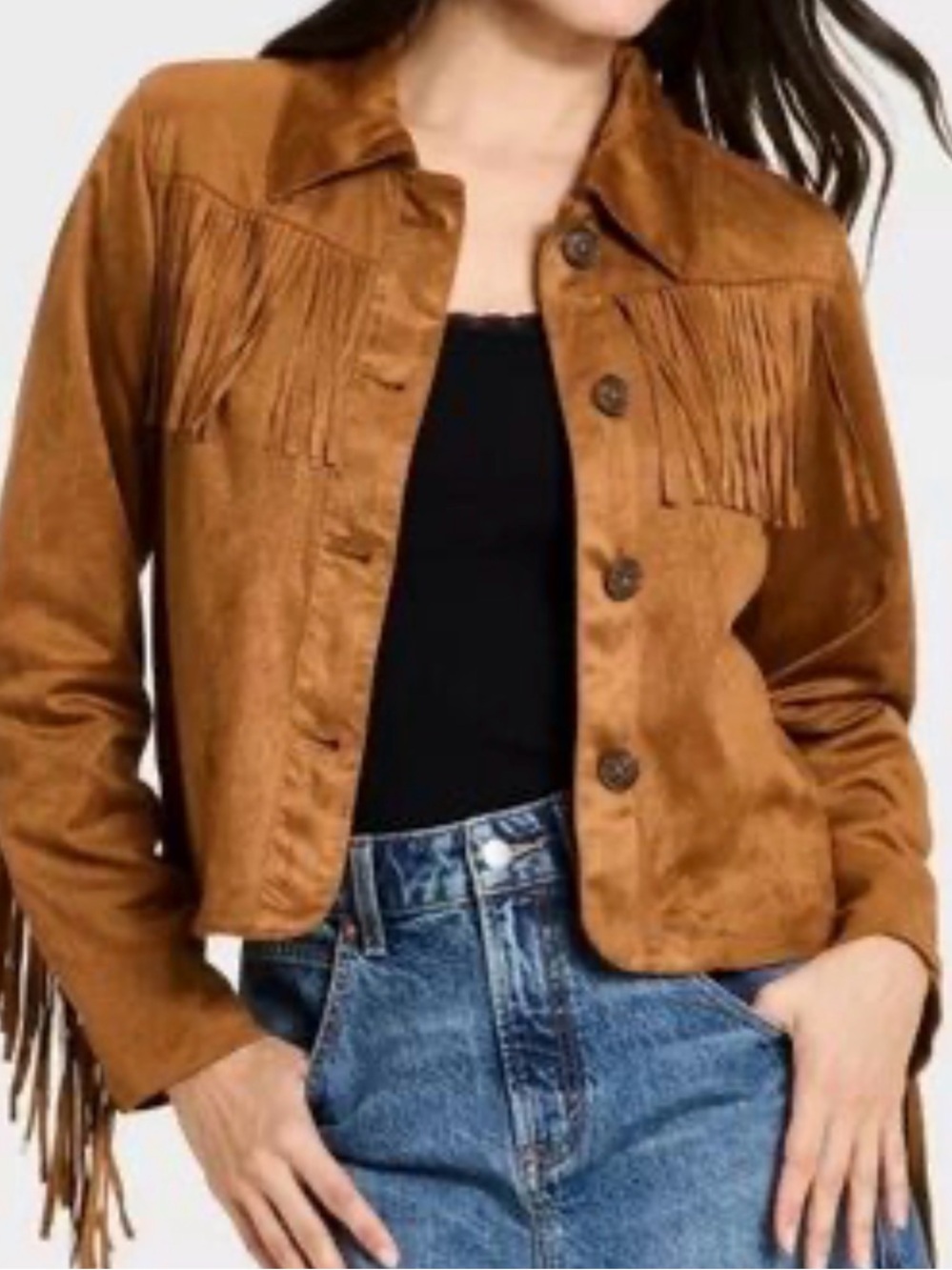 Universal Thread Women’s Tan Brown Western Fringe Faux Suede Button-Front Jacket - Picture 1 of 9